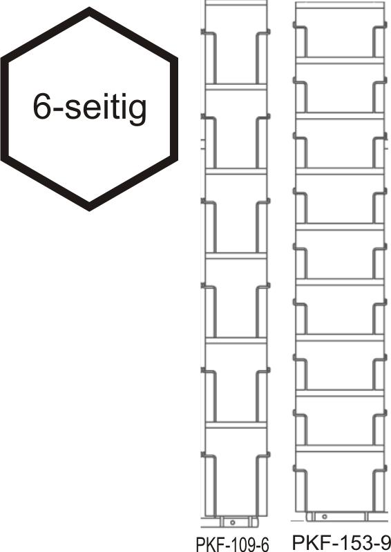 Postkarten-Thekenständer A6, 6-seitig. 109/153, 45 Fächer silbereloxiert